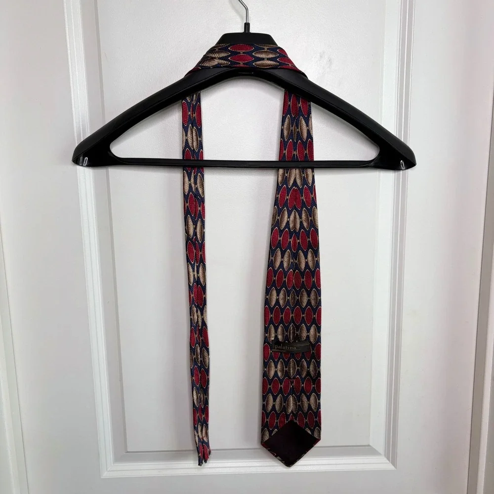 Palatina Mens Silk Tie Red Gold Navy Blue Geometric Oval Pattern Vintage Style